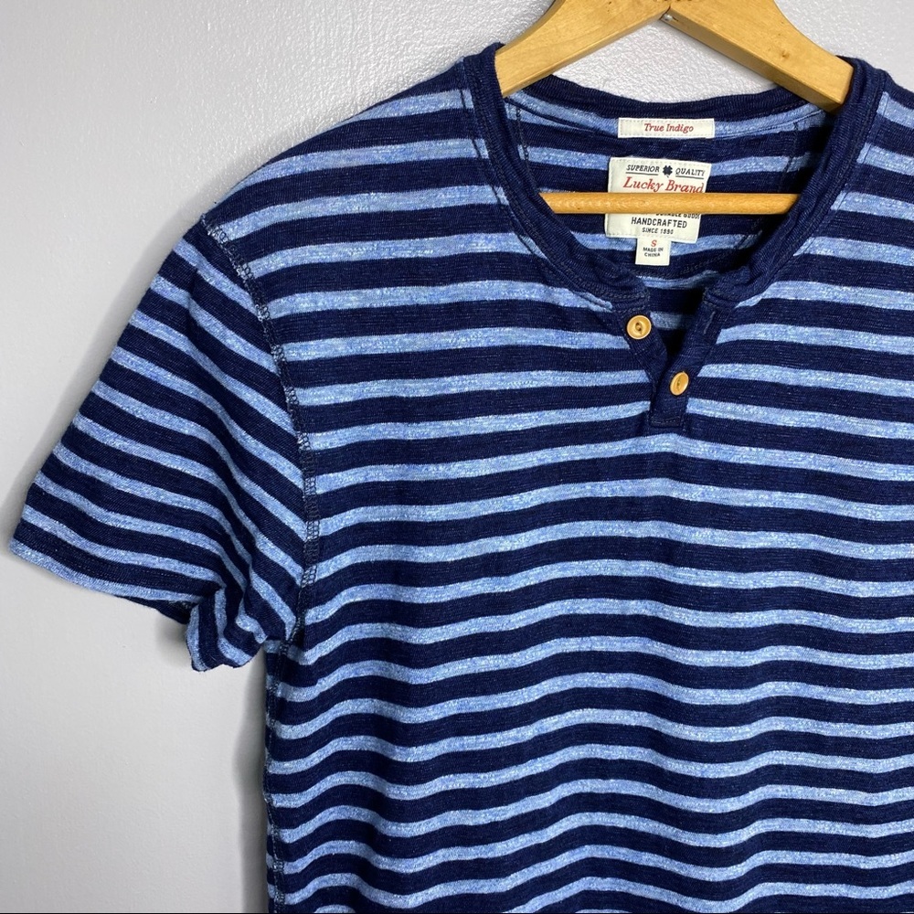 LUCKY BRAND Short Sleeve Blue Striped Henley Tee - Picture 2 of 4